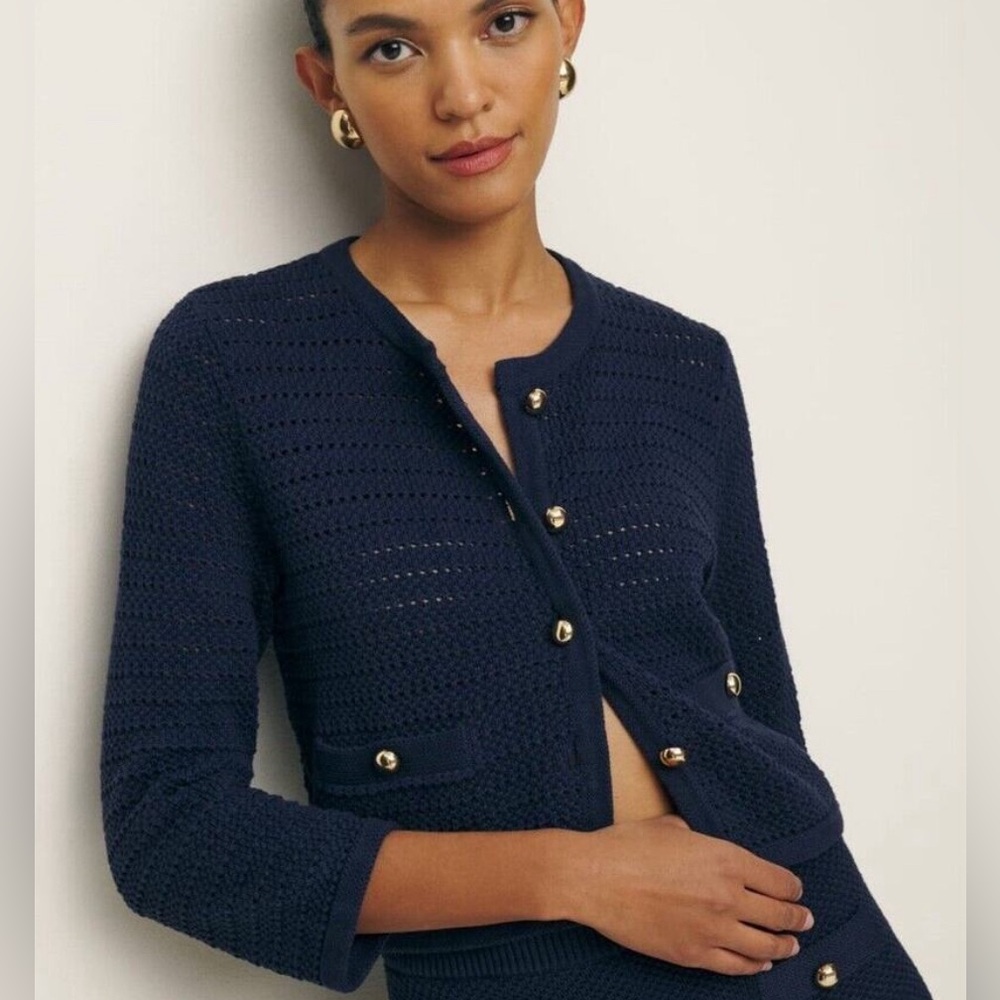 Reformation Navy Cardigan with Gold Buttons
